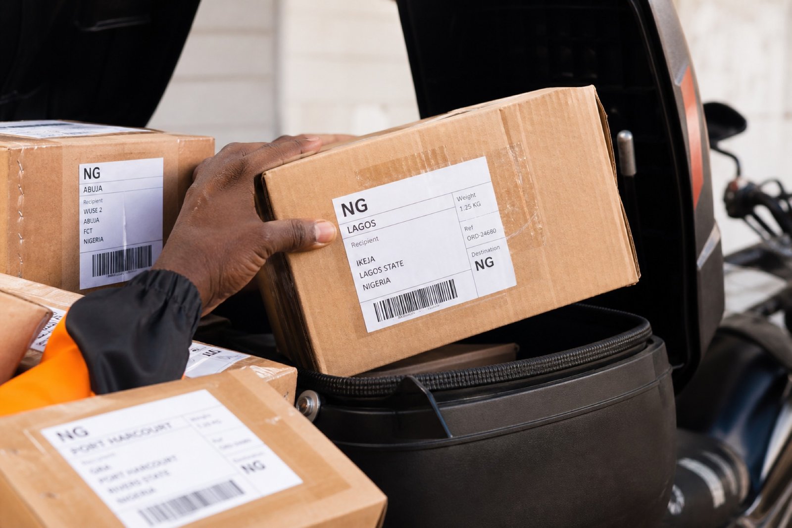 Package delivery close-up for courier service in Nigeria
