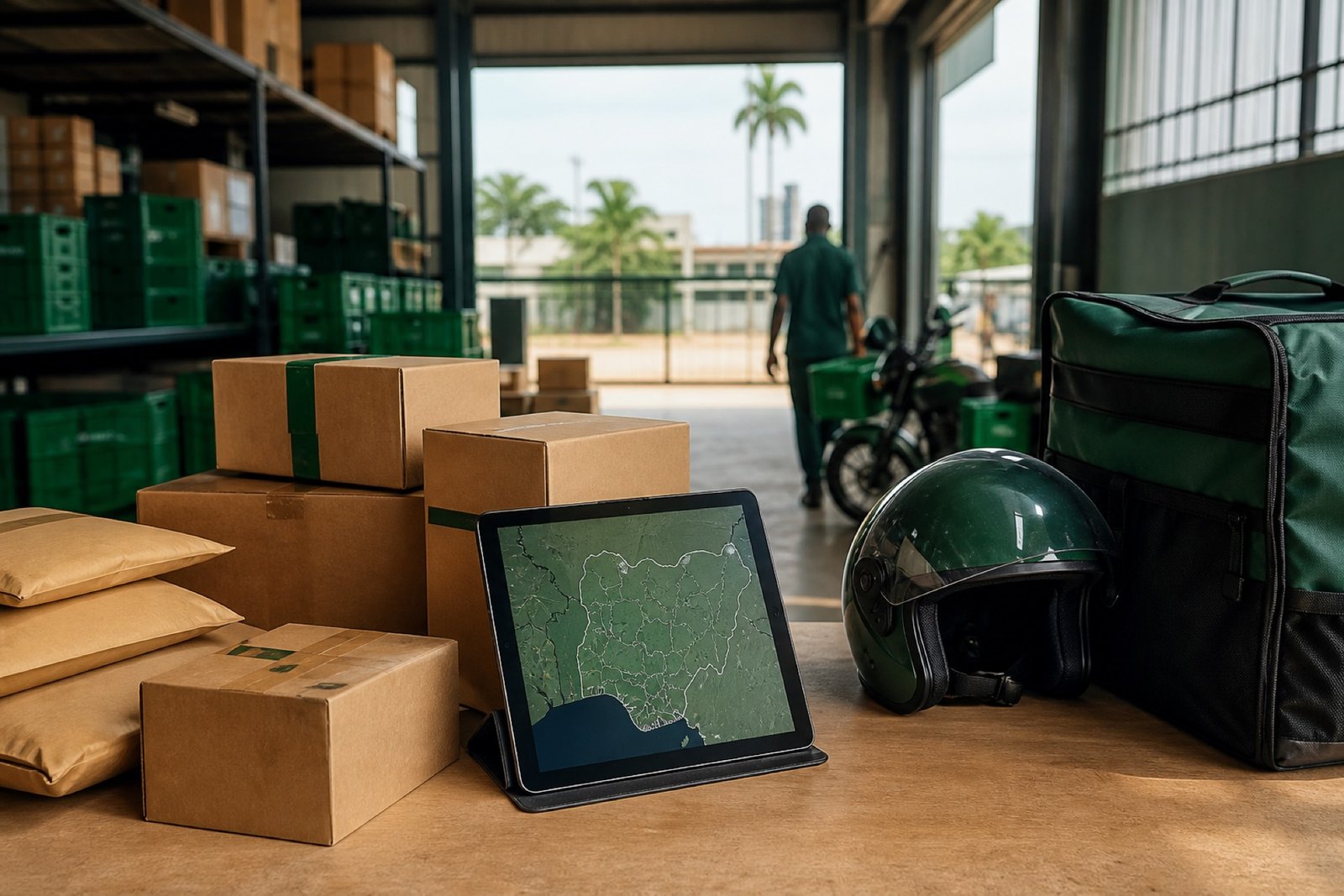 Lagos warehouse dispatch preparing packages for courier delivery in Nigeria